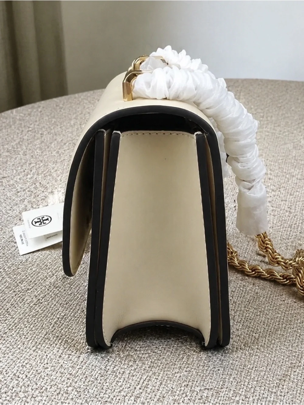 Tory Burch Cream Leather Logo Crossbody Bag with Gold Hardware
